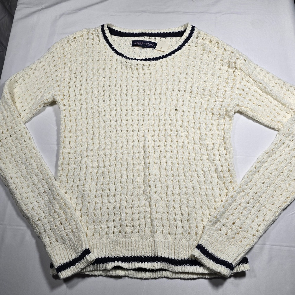 Aeropostale Womens Medium Cream Navy Blue Open Knit Pointelle Sweater Pullover